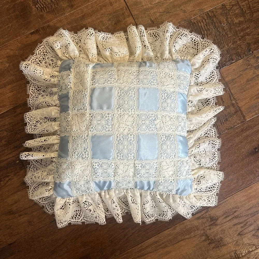 Vintage Satin & Lace Throw Pillow Grannycore Cottagecore Blue Ivory Cream